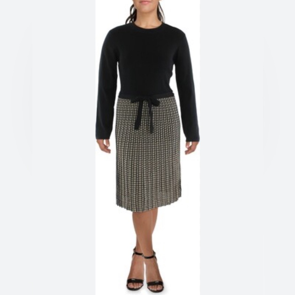 NWT Max Studio Knot Pleated Bottom Long Sleeve Dress Black Brown Sz XS
